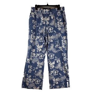 Chadwicks Women's Blue Floral Print Elastic Waist Wide Leg Pull On Pants Linen M